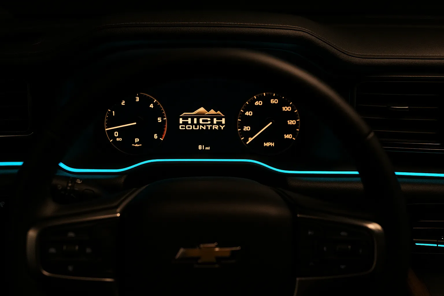 Chevrolet Silverado dash and instrument cluster with cyan LED accent lighting