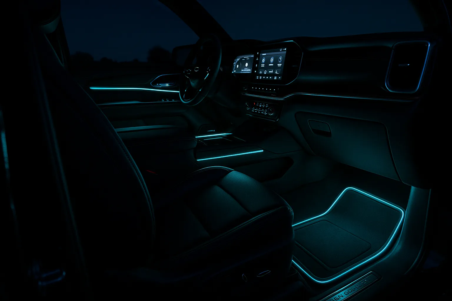 Tahoe dashboard view with six-zone LED accent lighting active