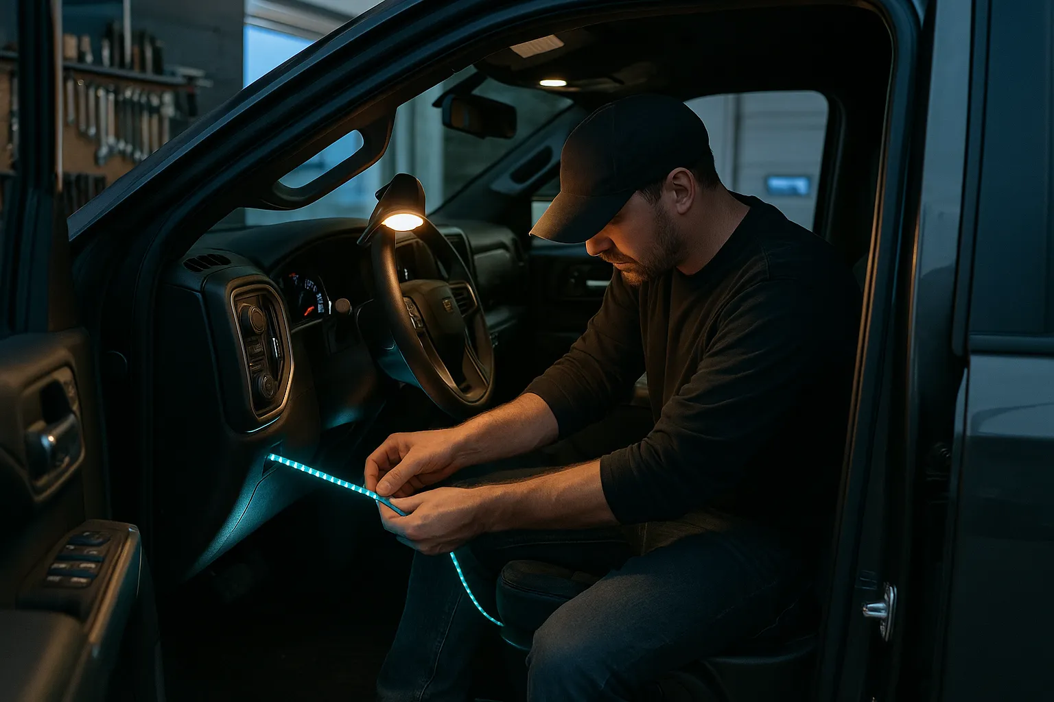 A G Crew Automotive installer fitting a glowing cyan LED strip inside the open door of a pickup at night.