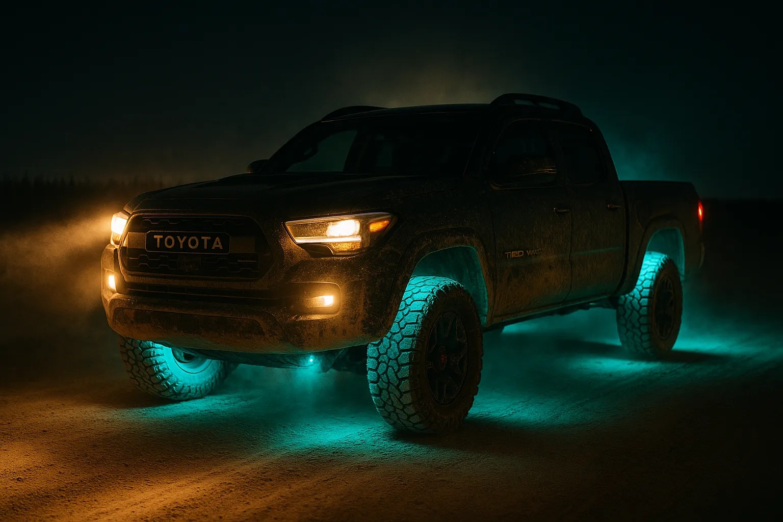 Lifted Toyota Tacoma with full-perimeter rock-light glow